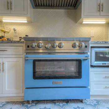 blue stove in kitchen