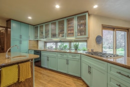 cabinets with green color in kitchen