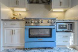 blue stove in kitchen