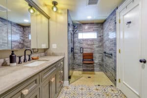 bathroom in warm tones with zero entry shower