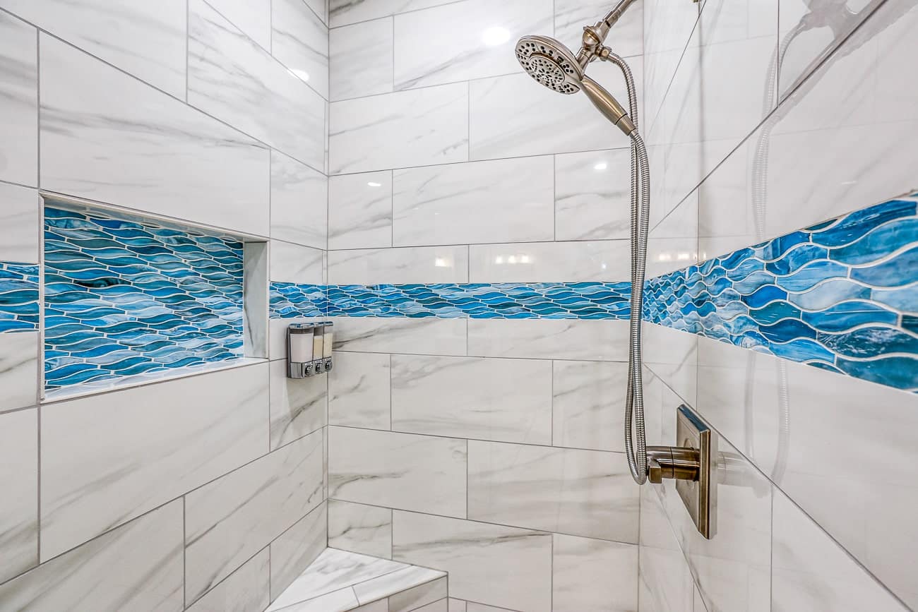 shower with custom blue glass tile