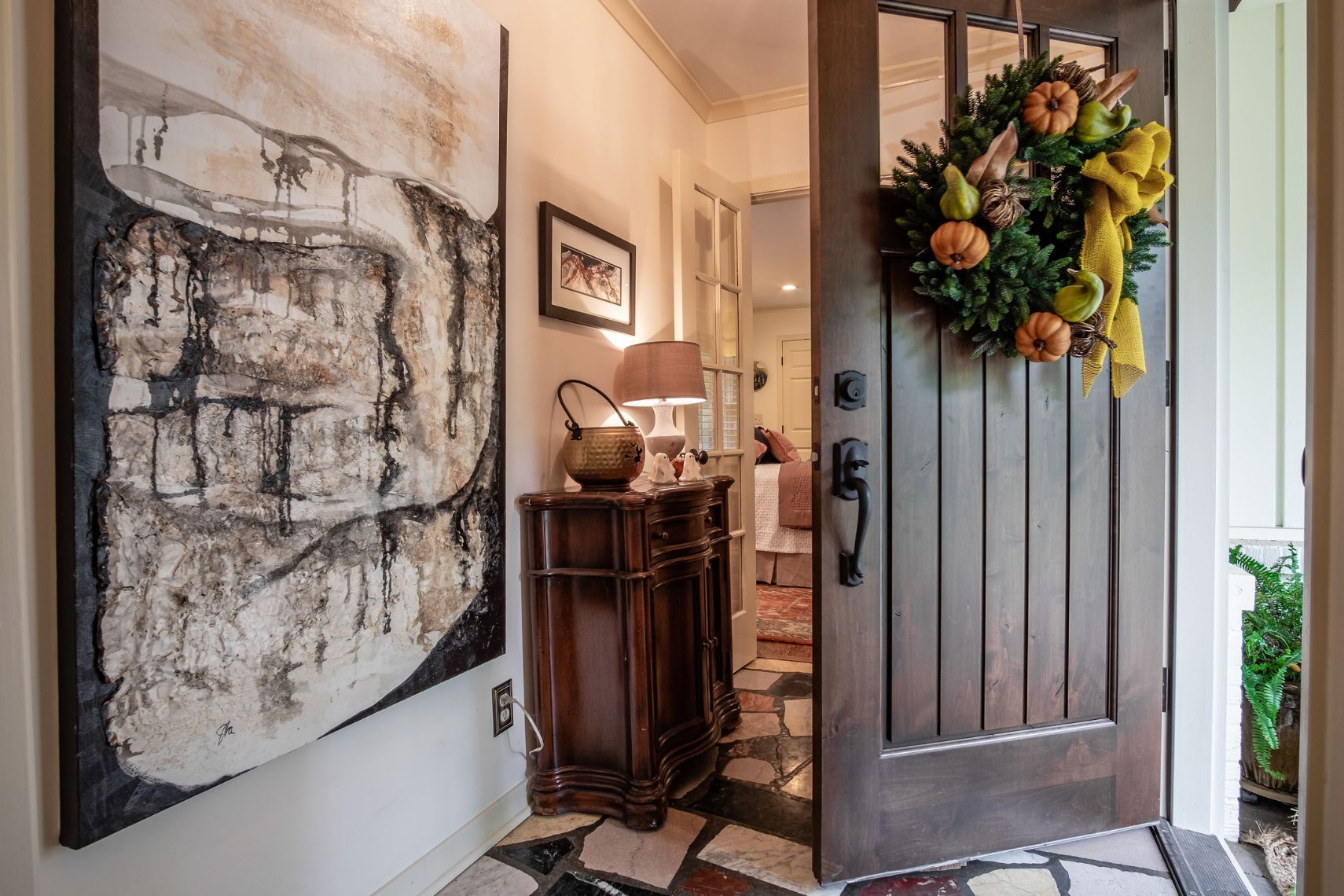 front door with fall wreath