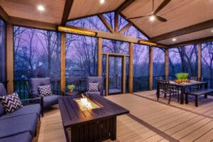 screened in porch and deck and twilight