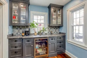 coffee bar with cabinets in slate gray