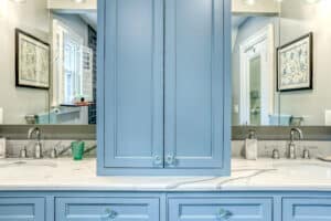 blue cabinets in guest bathroom in Brookside