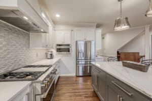 custom kitchen cabinets in white and gray, contrasting colors