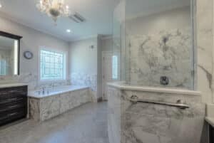 bathroom with gray tiles and details